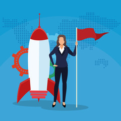 businesswoman with flag gear rocket success start up business