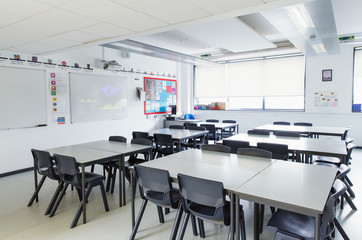 Tables in empty classroom
