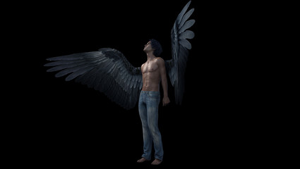 A black winged male angel looks upward