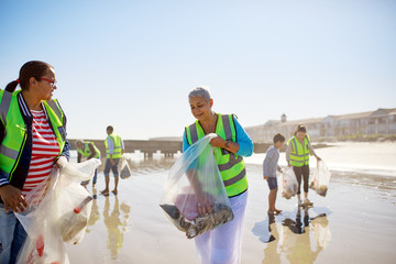 Volunteers cleaning up litter on sunny, wet sand beach