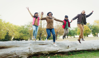 Happy, playful family holding hands, jumping off log in autumn park