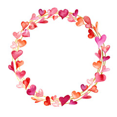 Abstract love for your Valentines Day greeting card design. Red Hearts frame isolated on white background.  Watercolor illustration