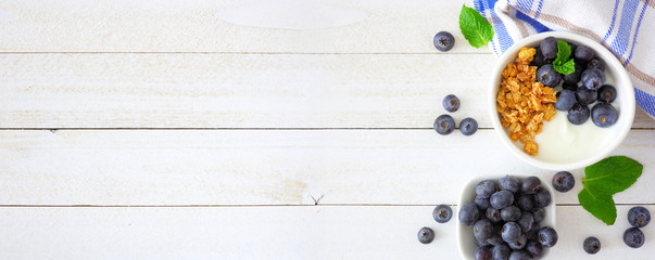 Healthy yogurt with blueberries and granola. Banner with side border against a rustic white wood...