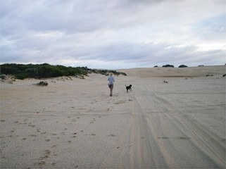 Playing with dog on sand dunes, Western Australia