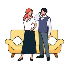 couple in the living room on white background