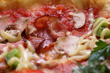 Close up of fresh baked pizza with prosciutto and bacon