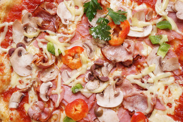 Close up of fresh baked pizza with prosciutto and bacon