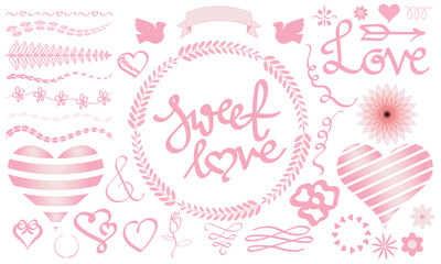 Valentine vector graphic set with heart, bird, divider, wreath,, flower, ribbon, ornament. Pink sweet love lettering, handwriting