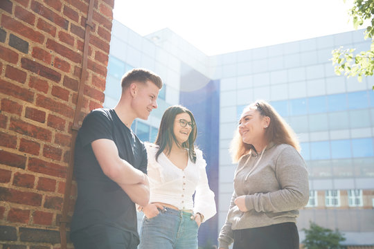 College students talking outside sunny building