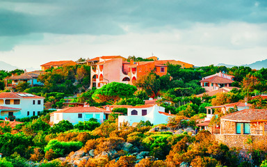Landscape and scenery of Baja Sardinia luxury resort on at sunset in the evening, Sardegna island...