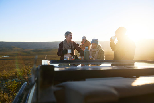 Safari Tour Group Drinking Tea At Sunrise South Africa