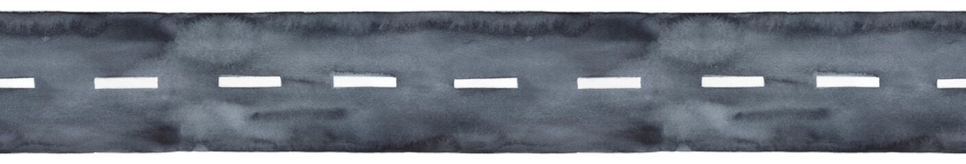 Seamless pattern of black blank grungy road with creative paintbrush strokes, washes, blobs, stains. Hand drawn watercolour artistic drawing on white, cutout clipart element for design and templates.