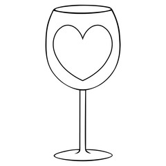 A wine glass with a heart.  Outline of a crystal glass on an isolated background. Vector illustration.  Idea for a book, magazine. Coloring book for children and adults.  Valentine day. Holiday sketch