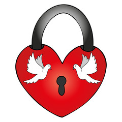 Two white doves in the lock in the form of a heart. Vector. The bond of marriage. Isolated background. Idea for Valentine's design, greeting card, invitation. Bird of peace. Symbol of marriage.