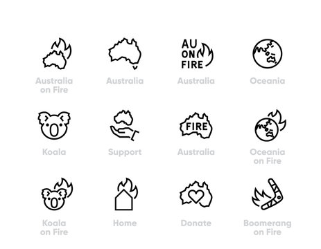 Support Australia on Fire vector icons. Donate for Australia, Koala, Oceania. Editable line.