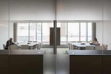 Business people working in modern symmetrical conference rooms