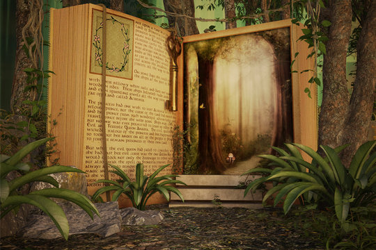 Magical Open Story Book In The Jungle, 3d Render.