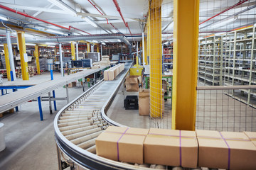 Cardboard boxes on conveyor belt in distribution warehouse