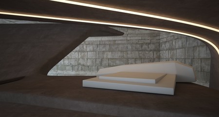 Fototapeta premium Abstract architectural concrete smooth interior of a minimalist house with swimming pool and neon lighting. 3D illustration and rendering.