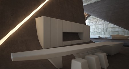 Fototapeta premium Abstract architectural concrete smooth interior of a minimalist house with swimming pool and neon lighting. 3D illustration and rendering.
