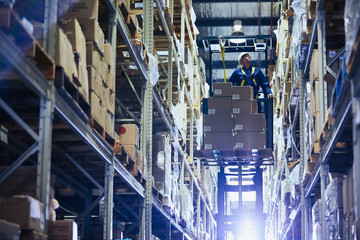 Worker operating forklift stacking cardboard boxes on distribution warehouse shelves
