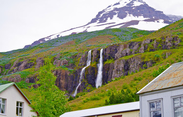 Breathtaking nature landscape on Iceland with mountains, glaciers and waterfall