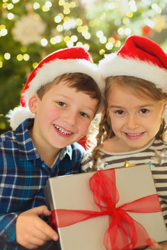 Portrait smiling brother and sister in Santa hats holding Christmas gift