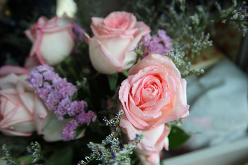 Closeup of Pink roses flower arrangements can use background or designing greeting cards