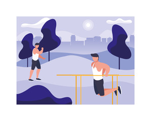 men up hanging on horizontal bar, outdoor or gym sport