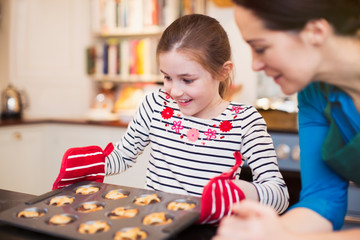 Mother and daughter baking in kitchen