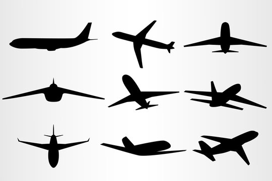 Set of nine stylized silhouettes of flying planes. Set for travel needs.