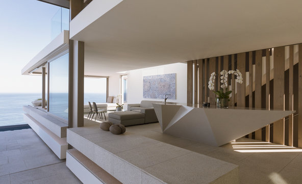 Modern, luxury home showcase interior with ocean view