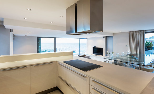 White modern, minimalist luxury home showcase kitchen