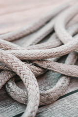 Ropes on the deck. Rigging. Sailing marine stuff. 
