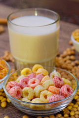 Cereal flakes in bowl Breakfast concept.Food with delicious fruity taste and fruity colours.It's made with maize,wheat,and barley