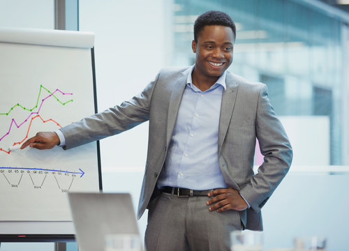 Smiling businessman at flip chart leading conference room meeting