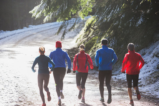 Family jogging in winter woods