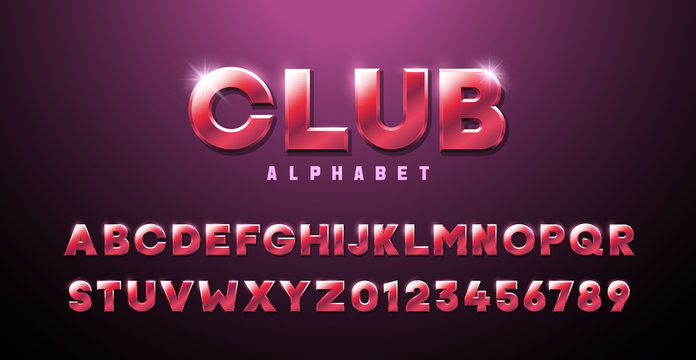 Pink Red three dimensional font effect. Club alphabet premium modern retro typography elements based on clubs, discos, music events, games, trendy and glamorous subjects. Mettalic luxury 3d typeface