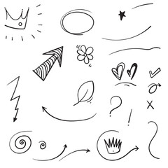 hand drawn collection of Swishes, swoops, emphasis doodles. Highlight text elements, calligraphy swirl, tail, flower, heart, graffiti crown. isolated background