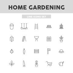 Home gardening simple set line icons. Flowers, plant in pot, ladder, truck, ax, saw and  birdhouse. Vector illustration symbol elements for web design.