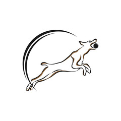 Happy dog black outline playing with ball vector isolated on white background