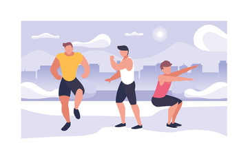 men exercising in park in the city