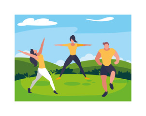 group of people exercising with background landscape