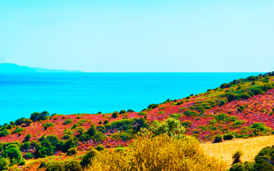 Beautiful nature of Villasimius and with Blue Waters of the Mediterranean Sea on Sardinia Island in...