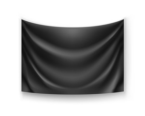 Realistic dark banner for advertising or sale presentation. Blank rectangular flag template isolated on white background. Wavy black fabric mockup with copy space. Branding object vector illustration