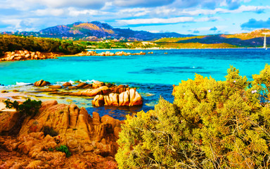 Landscape with Romantic morning at Capriccioli Beach in of the Mediterranean sea on Sardinia island...