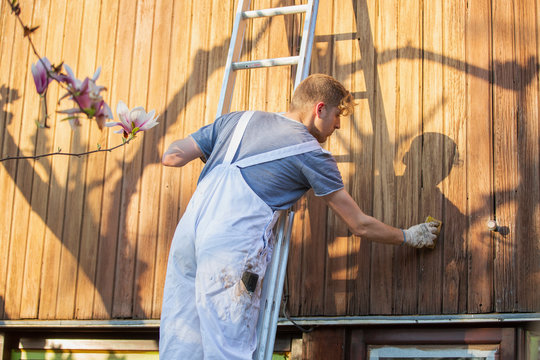 Male worker on ladder staining wood siding on home exterior