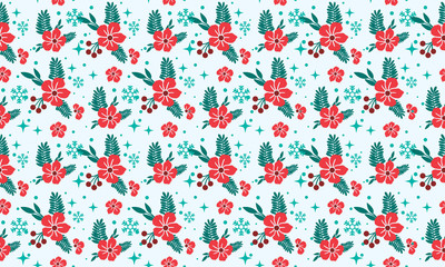 Cute Christmas flower pattern background, with unique leaf and red flower drawing.
