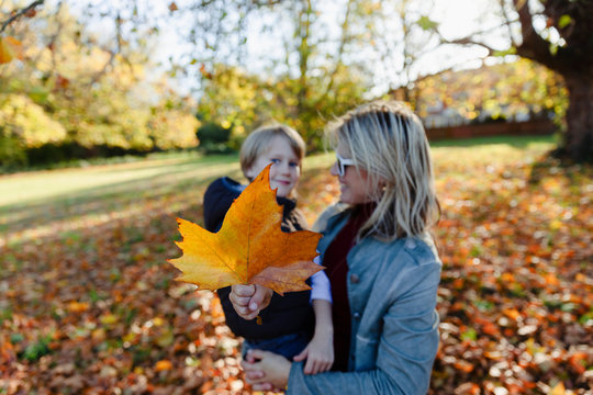 Portrait mother and son with autumn leaf in sunny park
