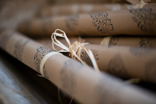 Close up rolled stamped craft wrapping paper